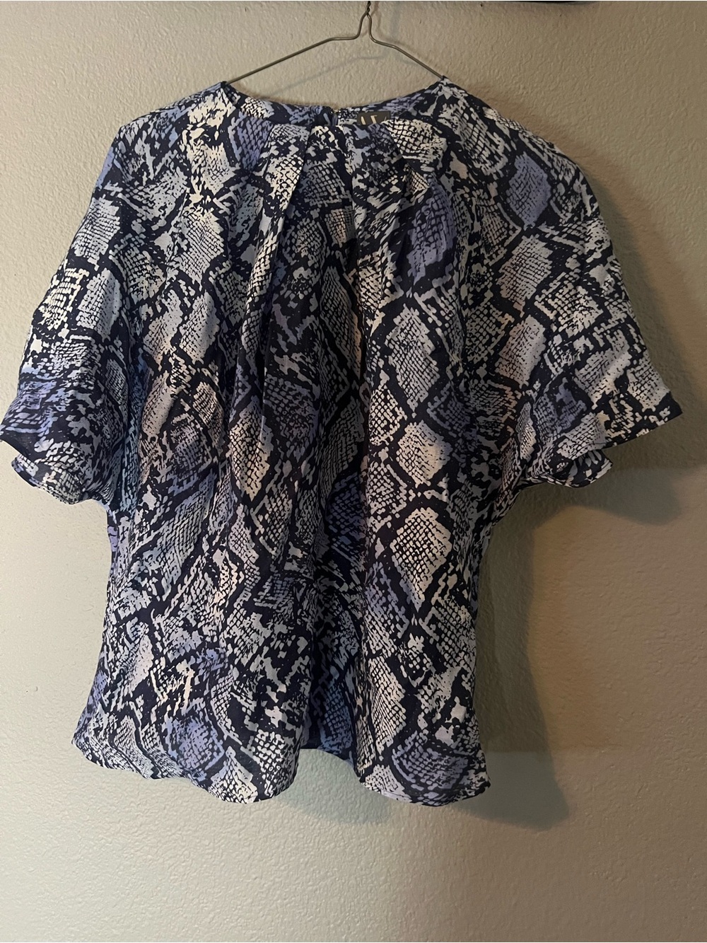 Worthington Blue and White Snake-Print Flutter Sleeve Blouse